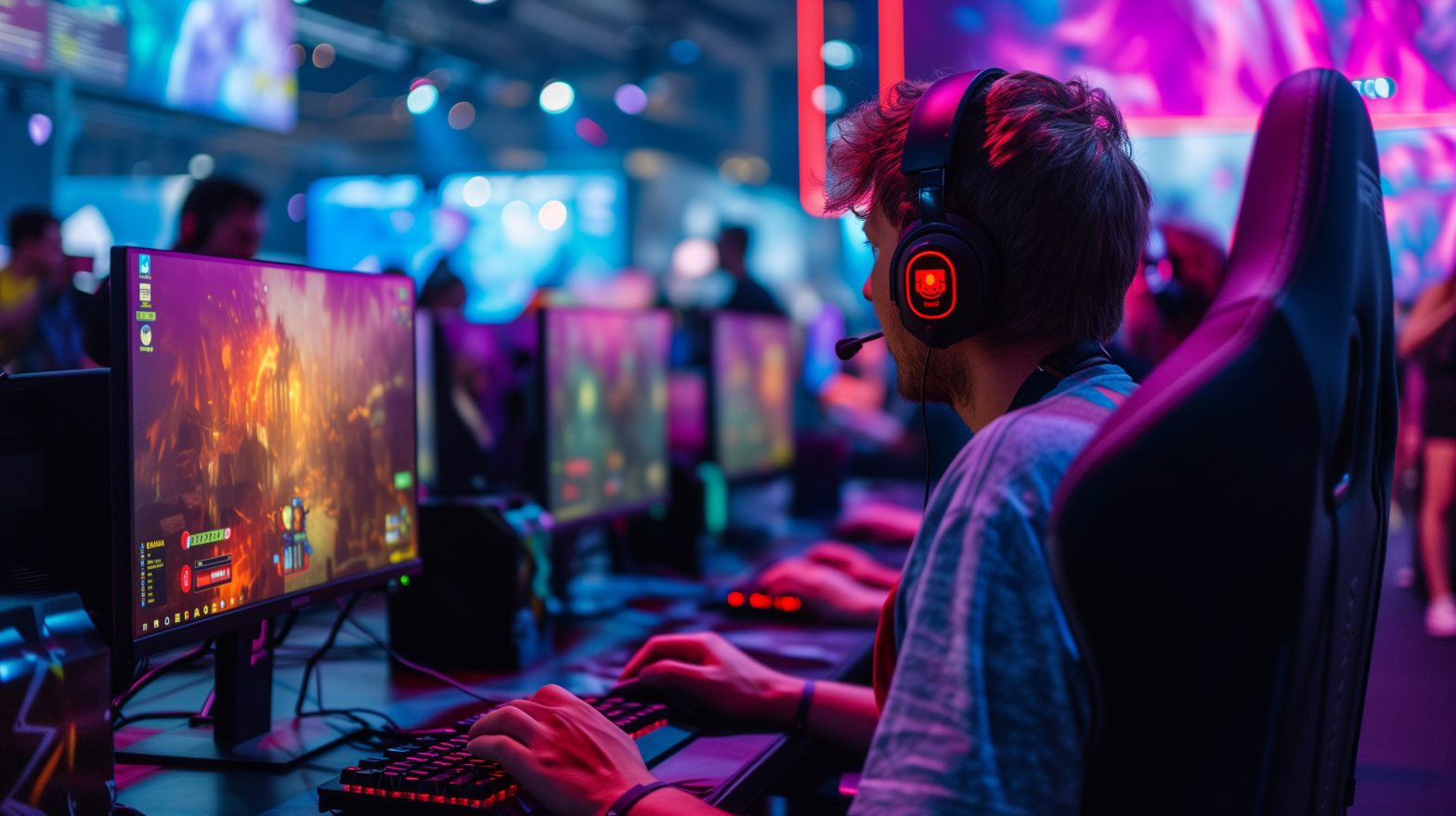 Person wearing a headset playing a computer game at a gaming event, surrounded by multiple monitors and colorful lights.