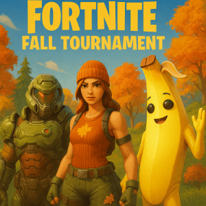 Three Fortnite characters, including a soldier in green armor, a woman in fall attire, and a banana suit character, stand in front of 